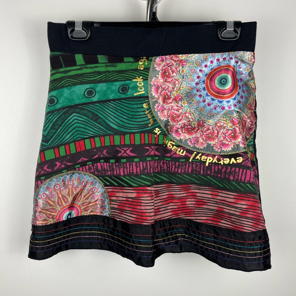 Desigual Colorful Mini Skirt Size S Boho Patchwork Stretch Waist